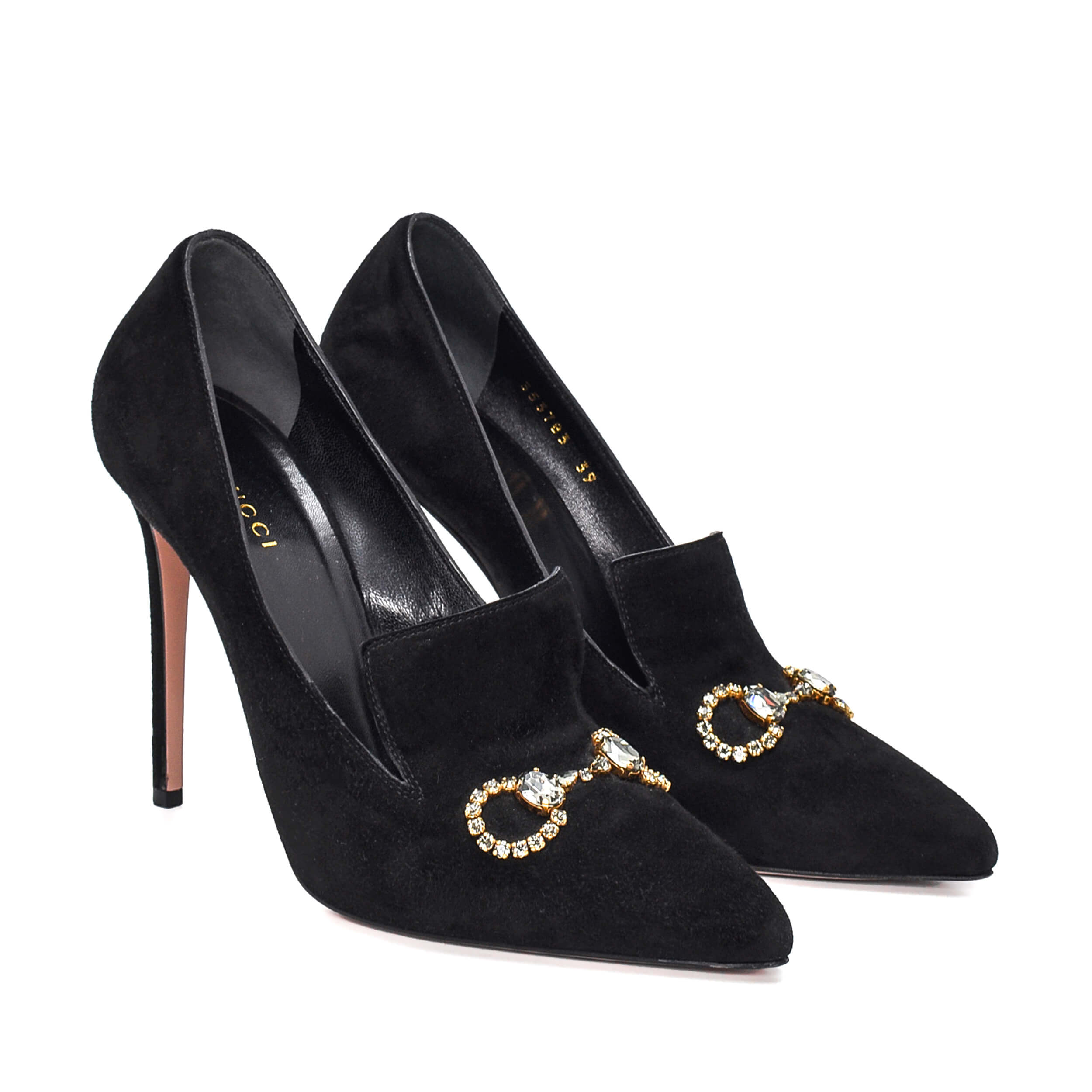 Gucci - Black Suede Crystal Horsebit Pump